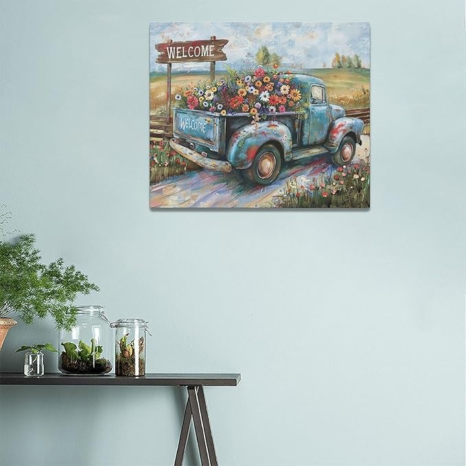 Farmhouse Truck Wall Art Rustic Country Wildflowers Wall Decor Road Flowers Landscape Pictures Canvas Print Painting Artwork for Bathroom Living Room Bedroom 20"x24"-PurrikoPets