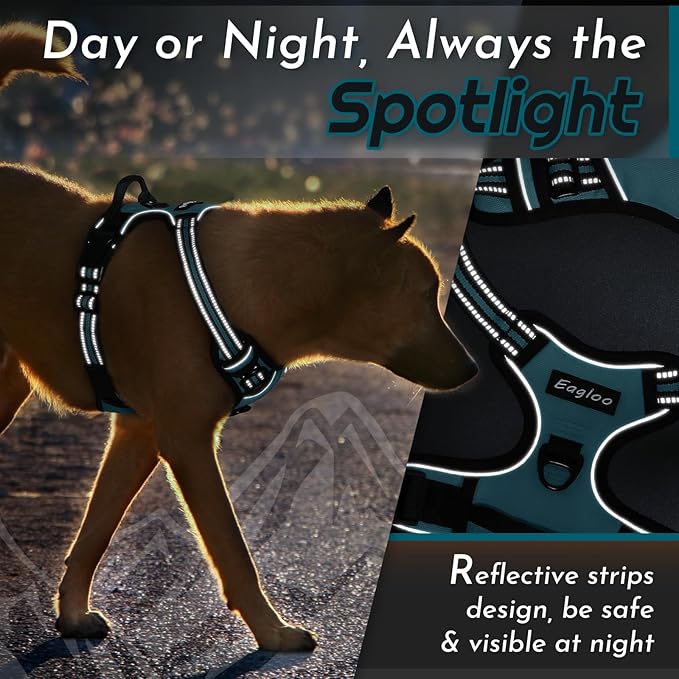 Eagloo Dog Harness for Large Dogs, No Pull Service Vest with Reflective Strips and Control Handle, Adjustable and Comfortable for Easy Walking, No Choke Pet Harness with 2 Metal Rings, Dark Green, L-PurrikoPets