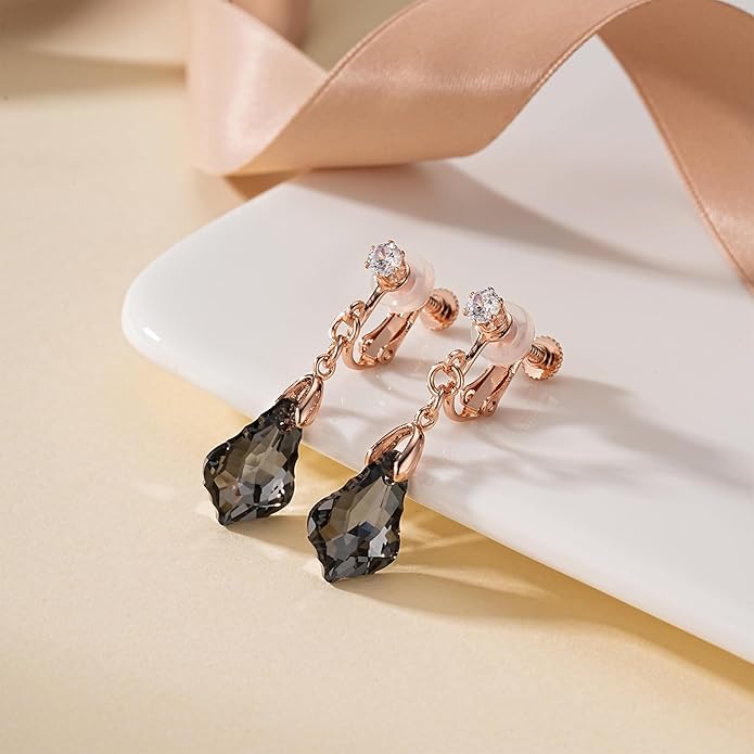 Austrian Crystal Baroque Drop Clip On Dangle Earrings for Women Non Pierced 14K Rose Gold Plated Hypoallergenic Jewelry