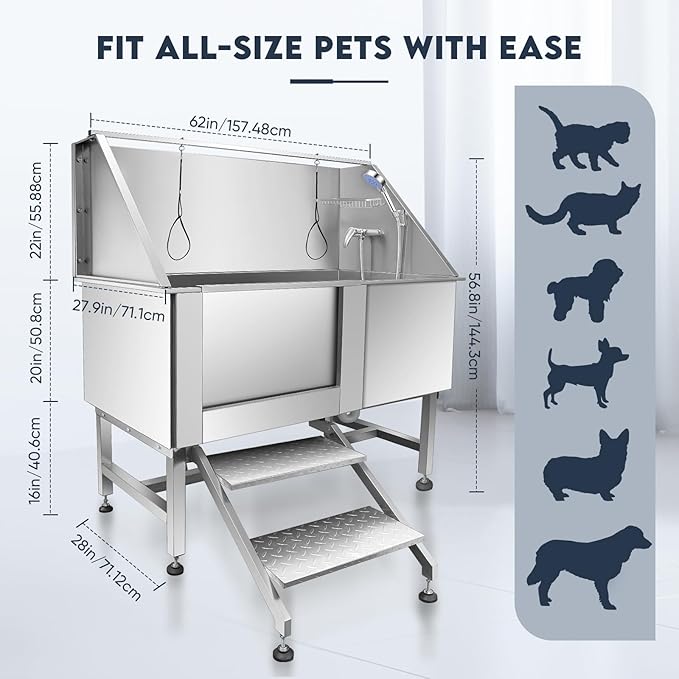 Dog Grooming Tub 62'' Dog Bathtub XL-Style Pet Bathing Tub Stainless Steel Dog Wash Station for Large Dogs Home Commercial with Faucet, Sliding Door-PurrikoPets