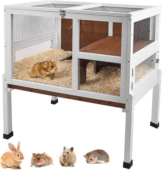 2-Story Guinea Pig Cage with Stand, Indoor Wooden Hamster Cage with Ramp, Pull-Out Tray, Hideout & Platform, Acrylic Transparent Small Animal Habitat for Chinchillas, Ferrets, Hedgehogs, Walnut-PurrikoPets
