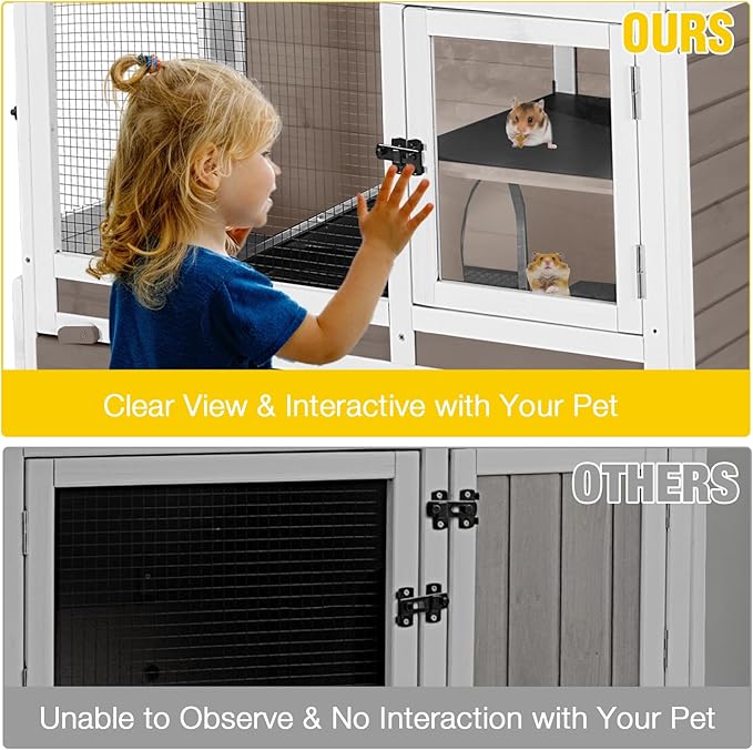 AIVITUVIN Wooden Guinea Pig Cage Indoor with Cooling Plate and Anti-Chewing Edges Two-Story Rabbit Hutch Pull Out Tray Outdoor Rabbit Cage with Raised Stand and Wire Mesh Small Animals Cage (Brown-PurrikoPets