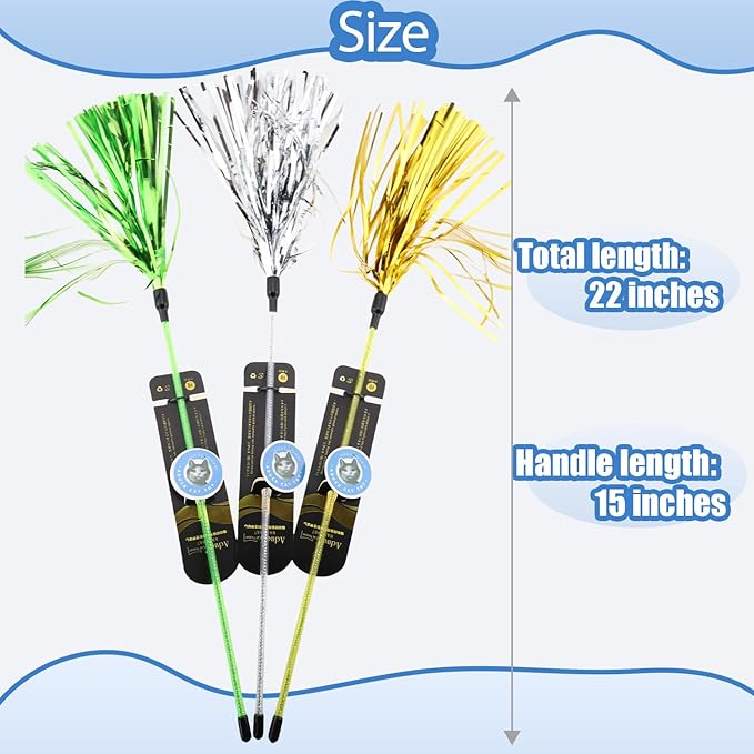 ADUCK Interactive Cat Teaser Wand Toy with Tassels - Durable Cat Chaser for Indoor Kitten Exercise, Boredom Relief & Training Play, Pack of 3 (Gold, Silver, Green)-PurrikoPets