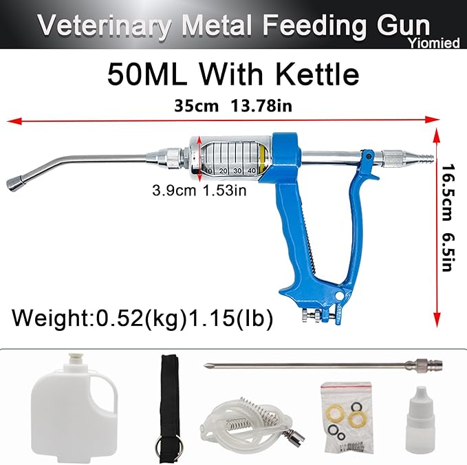 50ML Veterinary Metal Feeding Gun, Continuous Drench Gun Dosing Device Veterinary Adjustable Medicine Dispenser Husbandry Autonomous Feeding Tool, for Pig Cow, Sheep, Horse (Blue, 50ML+Kettle)-PurrikoPets