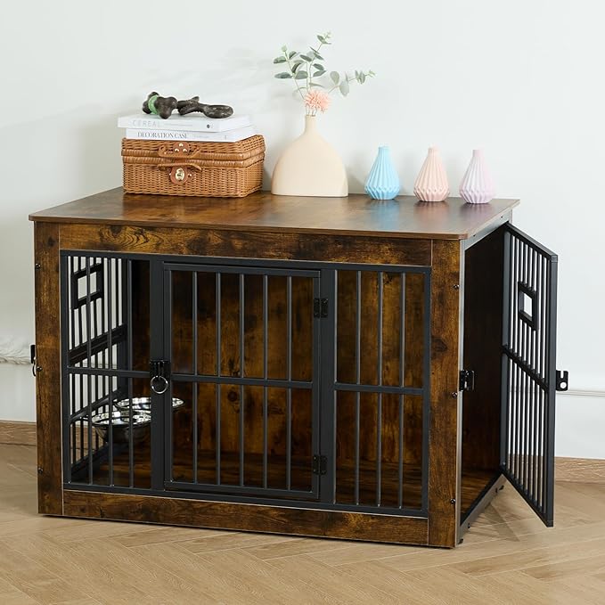Gardner Pet Dog Crate Furniture for Medium Dogs, 38.8 Inch Dog Kennel Indoor, Wooden Dog Cage End Table with 2 Removable Bowls, Heavy Duty Dog Crate, Rustic Brown-PurrikoPets