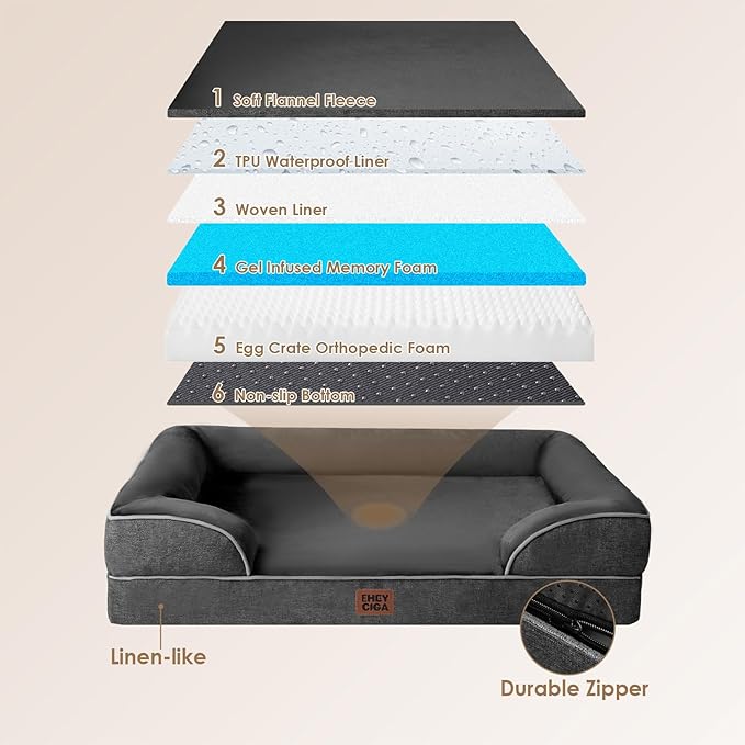 EHEYCIGA Orthopedic Dog Beds for Extra Large Dogs, Waterproof Memory Foam XL Pet Bed with Sides, Non-Slip Bottom and Egg-Crate Foam Big Dog Couch Bed with Washable Removable Cover, Dark Grey-PurrikoPets