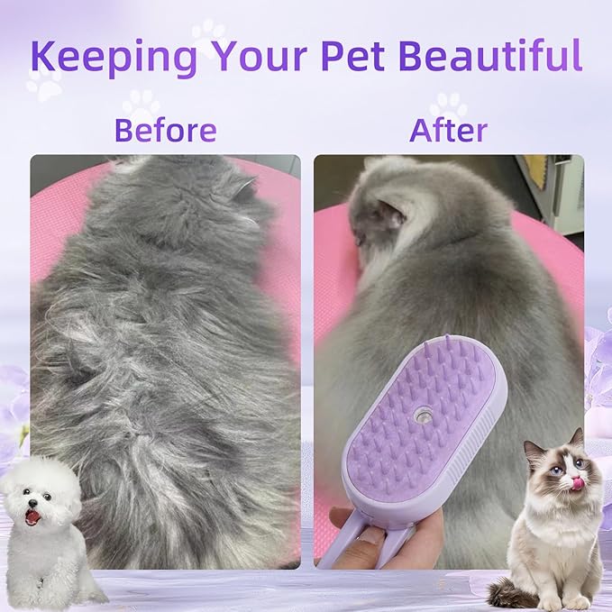 4-in-1 Rechargeable Anti-Dandruff Pet Steam Brush — brush for sheddingCats & Dogs,pet hair removal tool. Integrating functions of massage,clean, hair grooming and anti-static (purple)-PurrikoPets