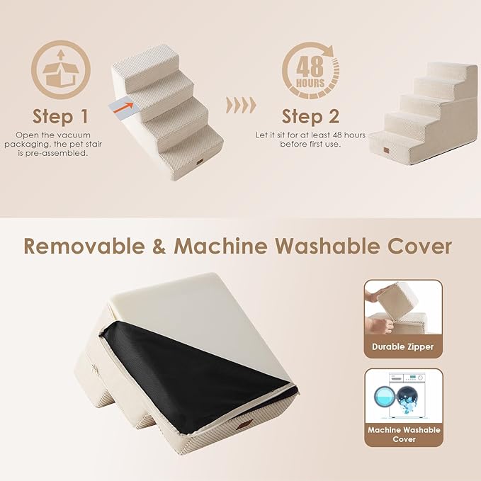 EHEYCIGA Dog Stairs for High Bed 22.5" H, 5-Step Dog Steps for Bed, Pet Steps for Small Dogs and Cats, Non-Slip Balanced Pet Ramp Indoor, Beige-PurrikoPets