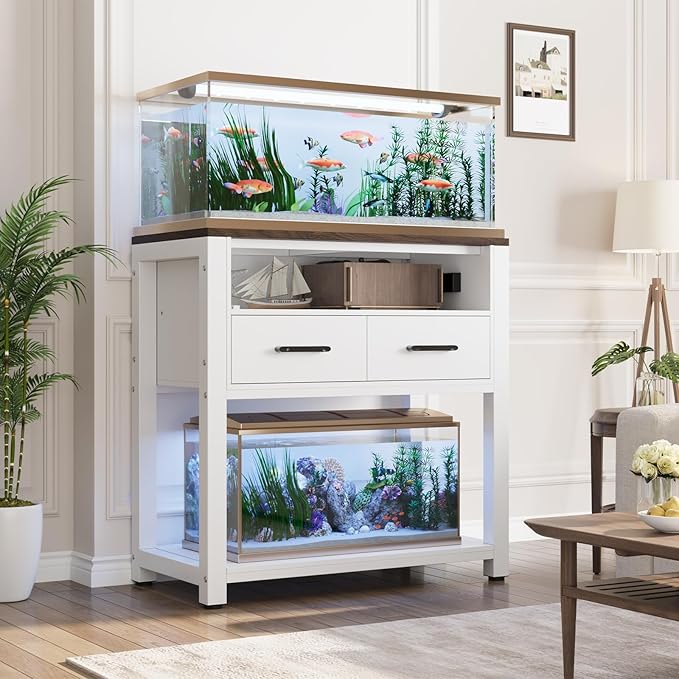 20-29 Gallon Aquarium Stand with Stable Metal Frame & Power Outlet, Heavy-Duty Fish Tank Stand with Waterproof Mat, 550LBS Capacity Storage Cabinet, White+Brown-PurrikoPets