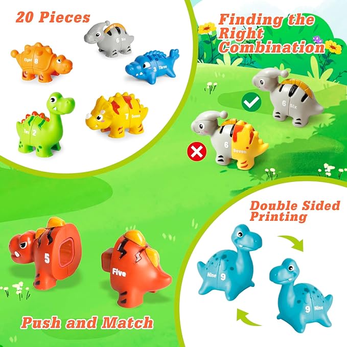 20 PCS Dinosaur Number Learning Toys for Toddlers Kids 3-5, 10 Different Dinosaur Figures, Double Sided Number Matching Game, Preschool Activities Montessori Fine Motor Toys for Toddlers Kids-PurrikoPets