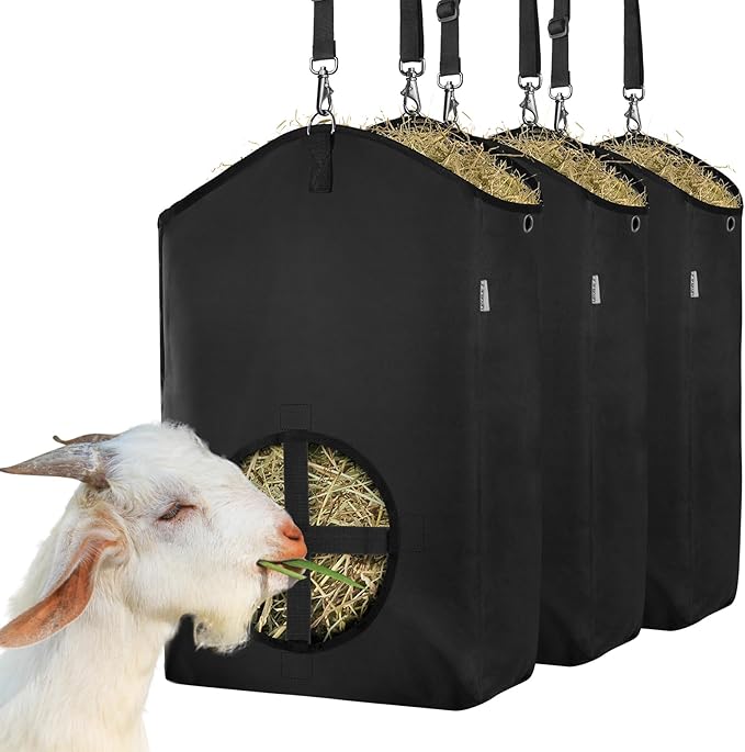 3 Packs Goat Hay Feeder,Hay Bags for Goats,Horses,Sheep,Premium 600D Oxford Cloth,with Metal Fastener and Adjustable Open Feed Hole for Slow Feeding. (3 Black)-PurrikoPets