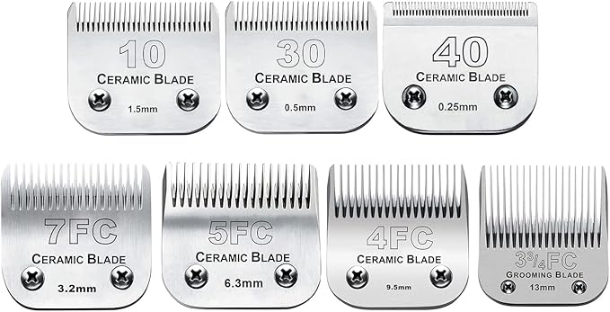 7Pack 10 Blades Dog Grooming Replacement Blades Compatible with Andis Pet Clipper/Oster A5/Wahl KM Series Dog Clipper,Ceramic Blade & Stainless Steel Blade (#10+30+40+3FC+4FC+5FC+7FC)-PurrikoPets