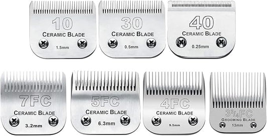 7Pack 10 Blades Dog Grooming Replacement Blades Compatible with Andis Pet Clipper/Oster A5/Wahl KM Series Dog Clipper,Ceramic Blade & Stainless Steel Blade (#10+30+40+3FC+4FC+5FC+7FC)-PurrikoPets