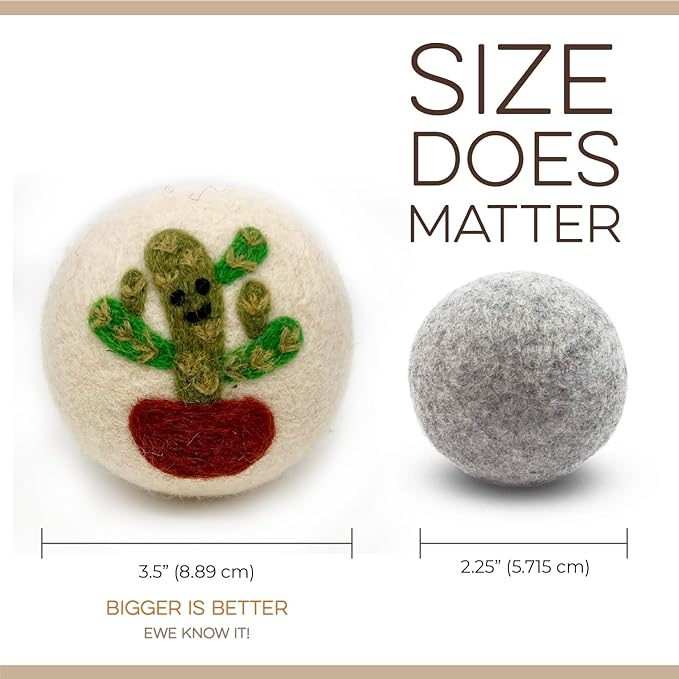 Fluff Ewes Wool Dryer Balls 6 Pack Premium New Zealand Wool Laundry Balls for Dryer, No Static Dryer Balls Laundry Reusable, XL Wool Dryer Balls Cute, Baby Dryer Balls for Dryers - Kiss My Cactus-PurrikoPets