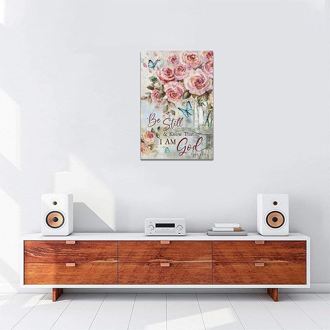 Farmhouse Rose Wall Art Christian Scripture Pictures Pink Rose Wall Decor Rustic Floral Butterfly Canvas Print Painting Artwork for Bathroom Living Room Bedroom 16"x24"-PurrikoPets