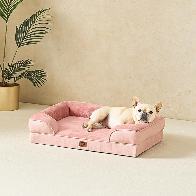 EHEYCIGA Orthopedic Dog Beds for Large Dogs, Waterproof Memory Foam Large Dog Bed with Sides, Non-Slip Bottom and Egg-Crate Foam Pet Couch Bed with Washable Removable Cover, Dusty Pink-PurrikoPets
