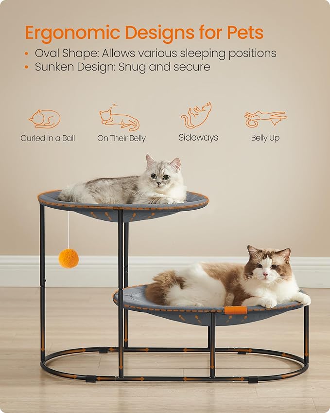 Feandrea 2-Tier Elevated Cat Hammock Bed, Breathable Furniture for Multi-Cat Households Indoor and Outdoor, with Removable Washable Mesh, Steel Frame, for Summer, Dove Gray UPCB012G01-PurrikoPets