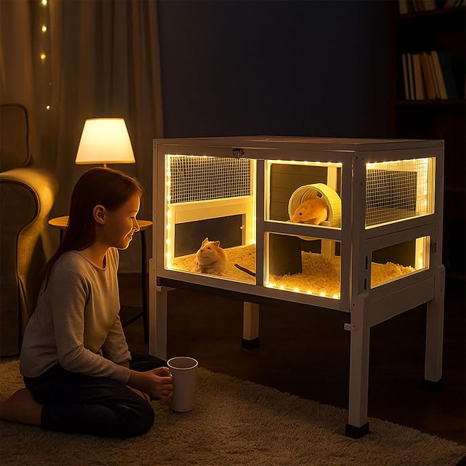 2-Story Guinea Pig Cage with Stand, Indoor Wooden Hamster Cage with Ramp, Pull-Out Tray, Hideout & Platform, Acrylic Transparent Small Animal Habitat for Chinchillas, Ferrets, Hedgehogs,Grey-PurrikoPets