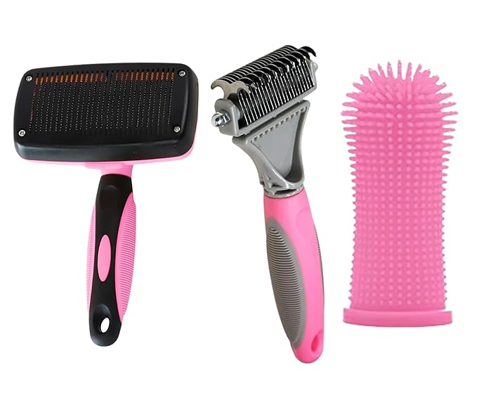 3-in 1 Dog & Cat Grooming Supplies- Self-cleaning Slicker Brush, Deshedding Rake Comb, And Finger Toothbrush For Dogs & Cats | Perfect For Pet Grooming Kit, Dematting And Dental Tool (pink)-PurrikoPets
