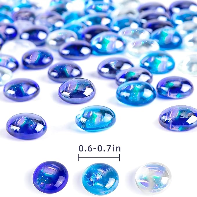 FUTUREPLUSX 1LB Iridescent Flat Glass Marbles, Blue Mixed Glass Beads Vase Fillers Decorative Gem Pebbles Sparkling Floral Fish Tank Rocks for Vases Table Scatter Aquarium Decor DIY Craft-PurrikoPets