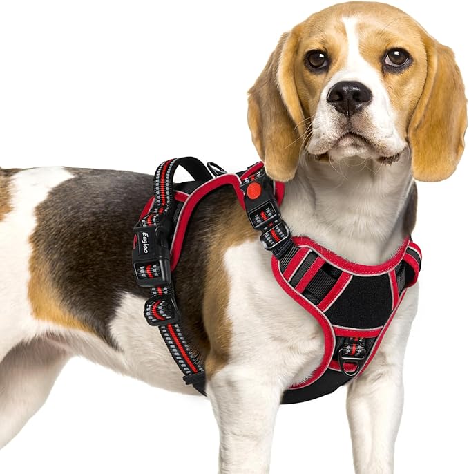 Eagloo Dog Harness Small Sized, Easy Wearing with 3 Buckles, Adjustable No Pull Pet Harness with 2 Rings for Walking, No Chock Reflective Soft Padded Vest with Control Handle, Black & Red, S-PurrikoPets