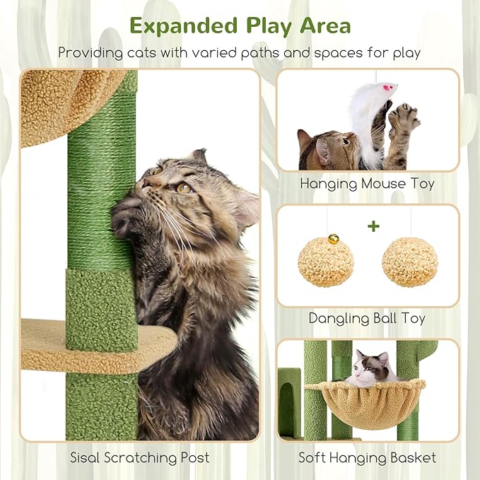 Globlazer Cactus Giant Cat Tree, 83 inch Cat Tree for Indoor Cats Large Adult, XXL Cat Tower with 9 Scratching Posts for 20lb+ Heavy Duty Large Adult Cats, F83, Green-PurrikoPets