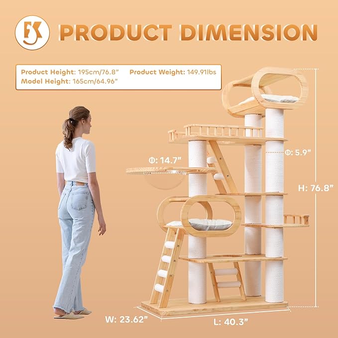 76.8'' Modern Cat Tree for Indoor Cats, Tall Wooden Cat Tower for Home Decoration, Multi-Level Tower with Transparent Cat Bed, Huge Cat Condo for Multi-Cat Families-PurrikoPets