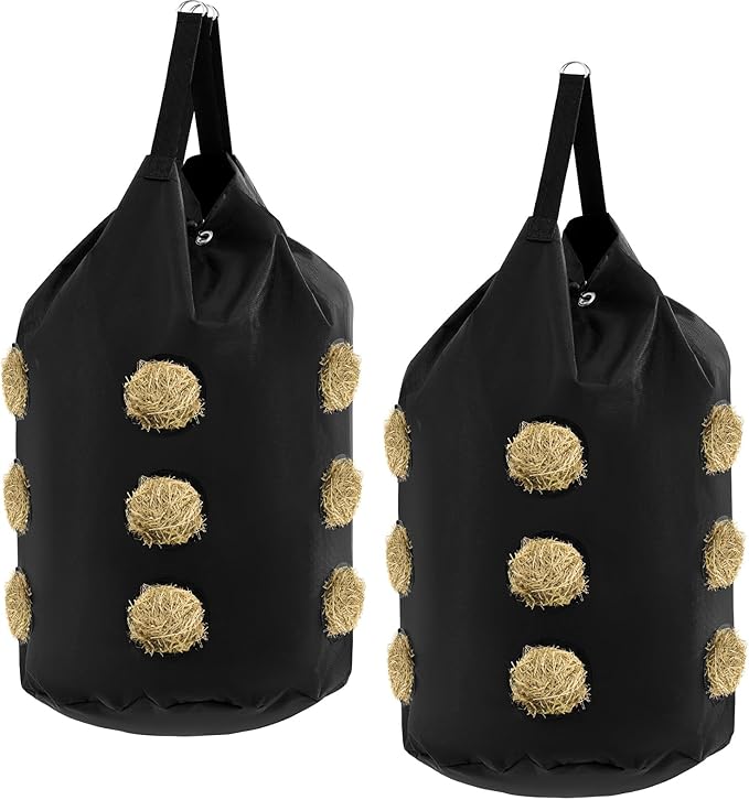 2 Pcs hay Bags for Horses Goats Slow Feed 1680D Oxford Bag Black Large Capacity Net Open Feed Hole Hay Holder for Horse Goats Sheep(15 Holes)-PurrikoPets