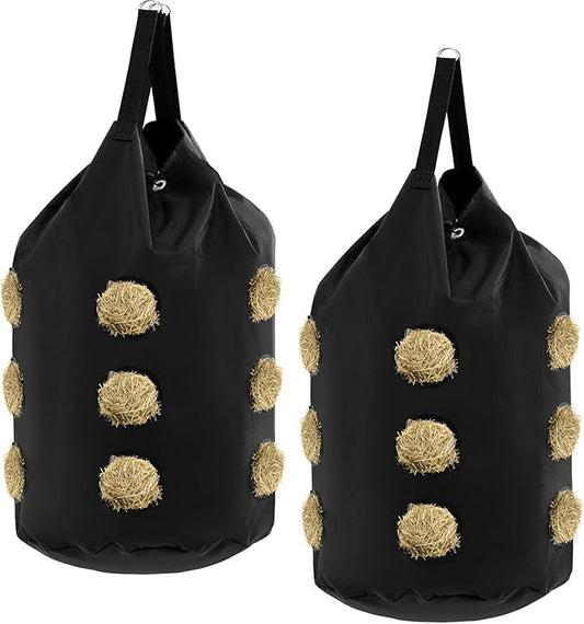 2 Pcs hay Bags for Horses Goats Slow Feed 1680D Oxford Bag Black Large Capacity Net Open Feed Hole Hay Holder for Horse Goats Sheep(15 Holes)-PurrikoPets