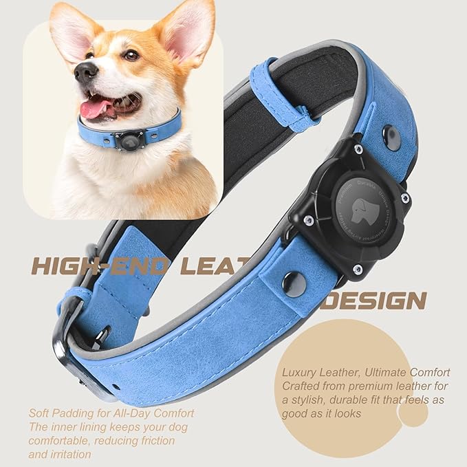 AirTag Dog Collar - Leather Dog Collar with Air Tag Holder | IPX8 Waterproof, Reflective, High - End, Adjustable Soft Padded | Dog GPS Tracker Collars Fit for Medium Large Dogs (Blue, M)-PurrikoPets