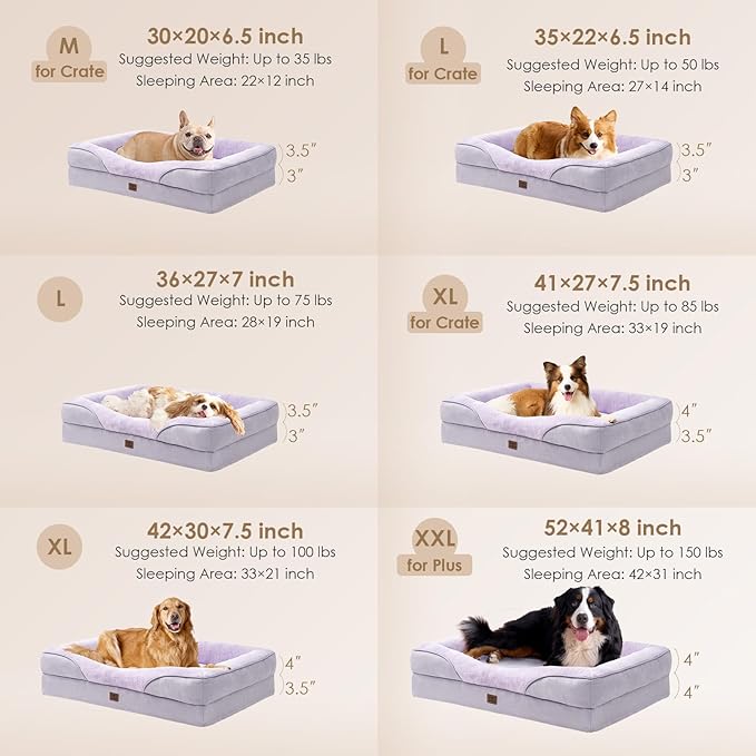 EHEYCIGA Memory Foam XL Dog Bed for XLarge Sized, Extra Large Orthopedic Dog Sofa with Sides and Waterproof Liner, Washable Bolster Pet Couch with Removable Cover, 42x30x7.5 Inch, Purple-PurrikoPets