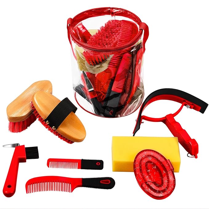 9 Pieces Horse Grooming Kit Tack Room Supplies Set with Organizer Tote Bag, Oval Massage Curry, Hard and Soft Brush, Hoof Pick, Sweat Scraper, Bathing Sponge, Combs for Horse Riders Beginners (Red)-PurrikoPets