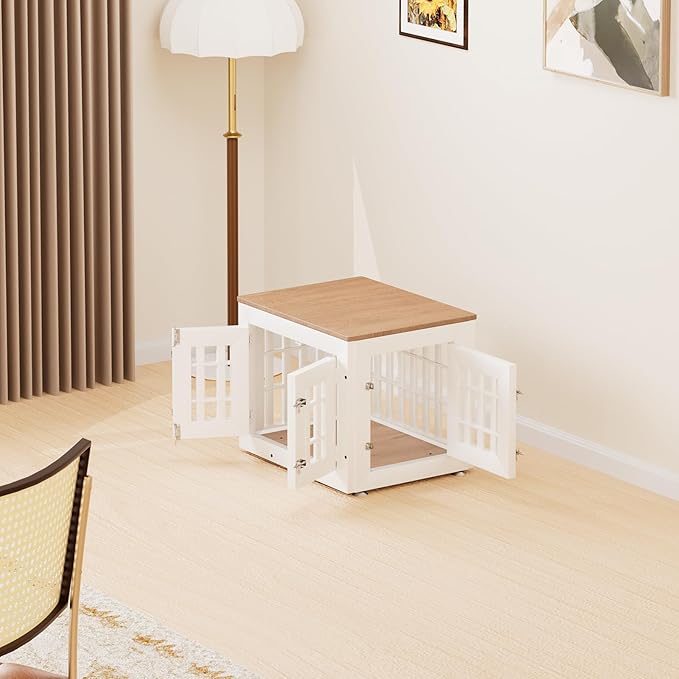 26" Heavy Duty Dog Crate Furniture for Small,Medium and Large Dogs,Rustic Wooden Dog Cage Kennel Indoor Furniture with Waterproof Top,Decorative Pet House Side End Table (White & Wood)-PurrikoPets