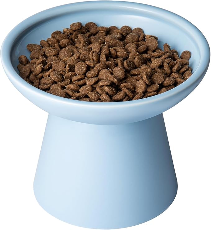 Extra Wide Elevated Ceramic Cat Food Bowl - 6.2" Shallow Dish for Whisker Fatigue Relief, 5" Height for Easy Feeding, Lead & Cadmium Free, Durable Raised Cat Food Bowls, Blue-PurrikoPets