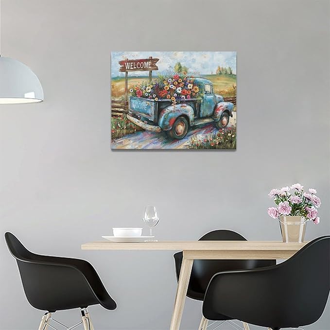 Farmhouse Truck Wall Art Rustic Country Wildflowers Wall Decor Road Flowers Landscape Pictures Canvas Print Painting Artwork for Bathroom Living Room Bedroom 12"x16"-PurrikoPets