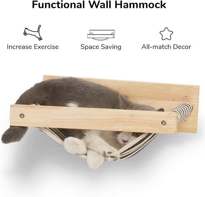 FUKUMARU Hammock Wall Mounted Cat Beds and Perches, Wooden Kitten Walls Furniture, Stable Cats Shelves for Sleeping, Playing, Climbing, and Lounging, Black Stripe-PurrikoPets