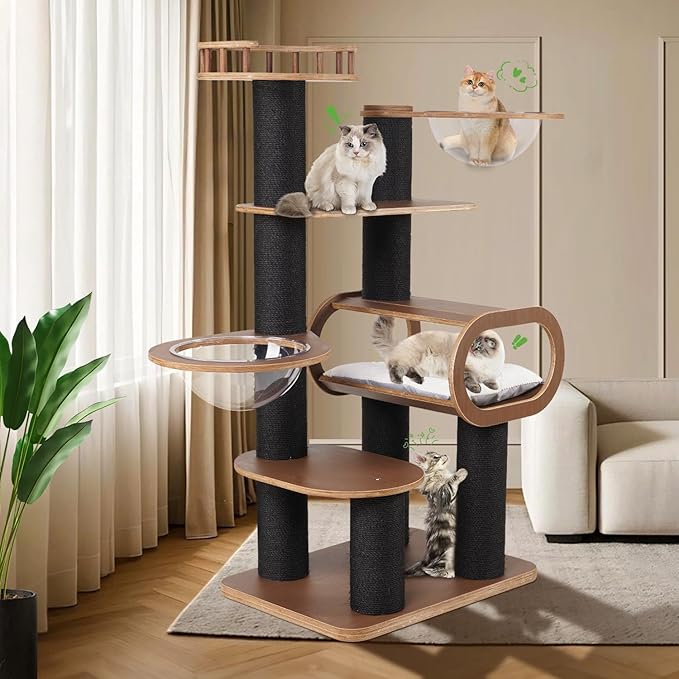 63'' Modern Cat Tree, Black Cat Tower with Scratching Post, Wooden Cat Tree for Indoor Cats Large Adult, Luxury Cat Furniture, Heavy Duty Activity Center with Transparent Bowl and Semi-Closed Condo-PurrikoPets