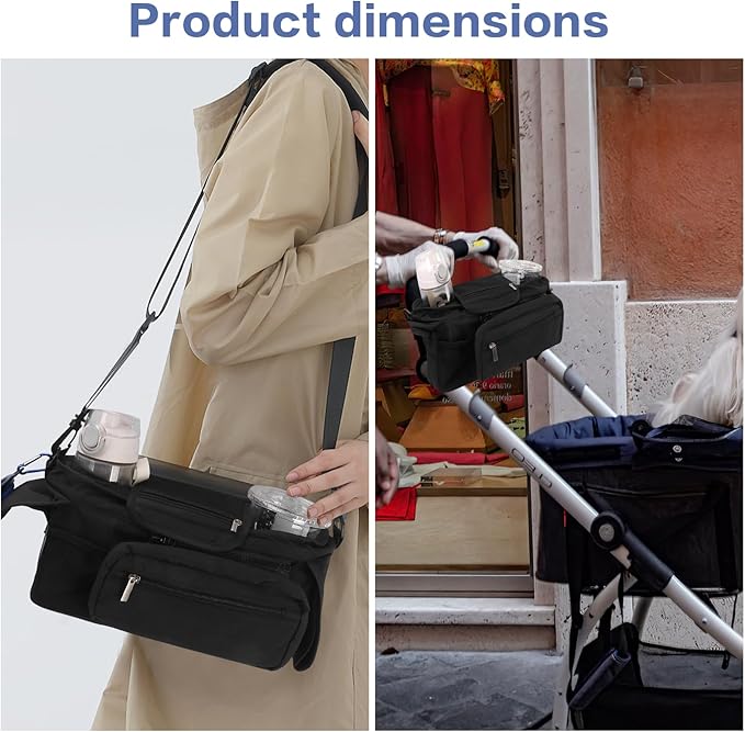 Dog Stroller Bag with Shoulder Strap, Universal Dog Stroller Caddy Organizer with Poop Bag Dispenser, Water Bowl, Insulated Cup Holders and Treat Pocket-PurrikoPets