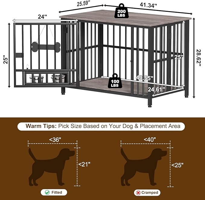 Easycom 41" Dog Crate Furniture Foldable, No Assembly Decorative Dog Kennel Indoor, Dog Crates for Large Dogs (40-65 lbs), Wooden Dog Cage with Adjustable Bowls and Name Tag, End Table, Oak Grey-PurrikoPets