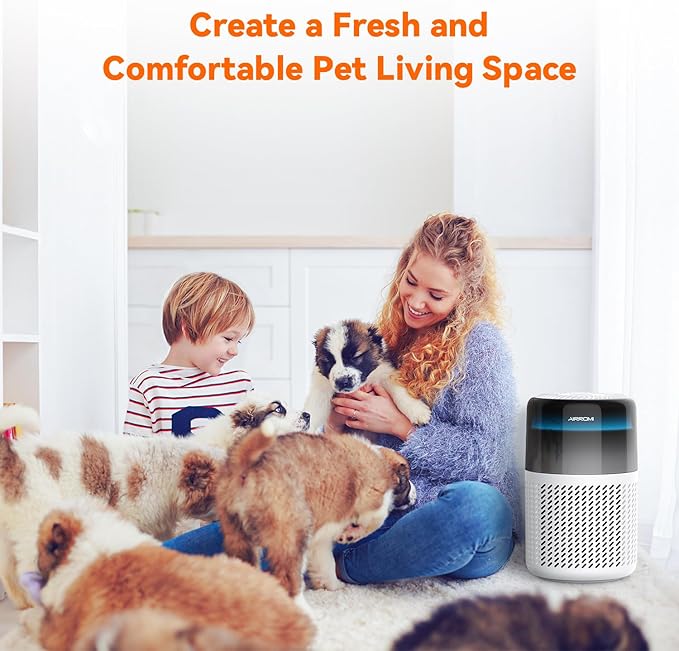 AIRROMI Air Purifier for Bedroom Home,HEPA Filter,Covers Upto 549 Ft²,Quiet 360°intake Air Cleaner with Fragrance ponge for Better Sleep,Night Light,Filters Smoke,Pet Dander,Allergies,Dust,A2005 White-PurrikoPets