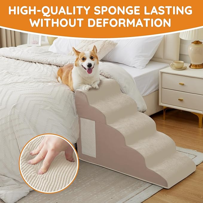 Dogs Steps for Bed, Dog Stairs for Small Dogs, 2-Step Dog Ramp for Bed, Couch, Sofa, and Chairs, Non-Slip Bottom Design, Cat Scratching, High Density Foam Portable Pet Step, Indoor, Beige-PurrikoPets