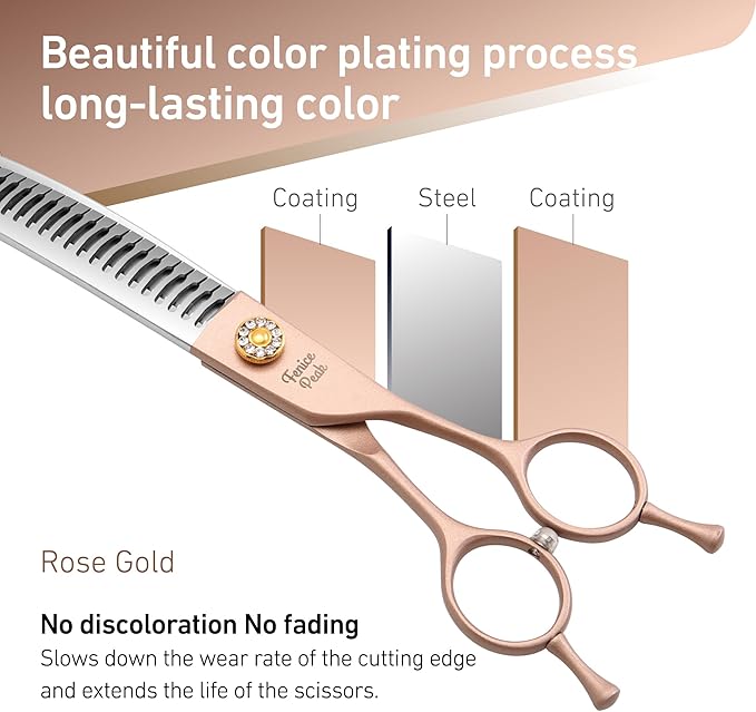 Fenice Peak Professional Curved Chunker Dog Grooming Scissors 7.0'' Rose Gold Thinning Shears Extremely Sharp Blades 440C Stainless Steel Thinning Shears Durable Smooth Fine Cut for Dogs and Cats.-PurrikoPets