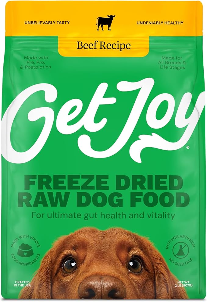 Get Joy Gut Health Fresh Freeze Dried Raw Meal, Beef Recipe, 32 Ounce Bag, Dog Food for Dogs of All Breeds and Life Stages, PhD Animal Nutritionist Formulated, USDA Beef, Made in USA-PurrikoPets