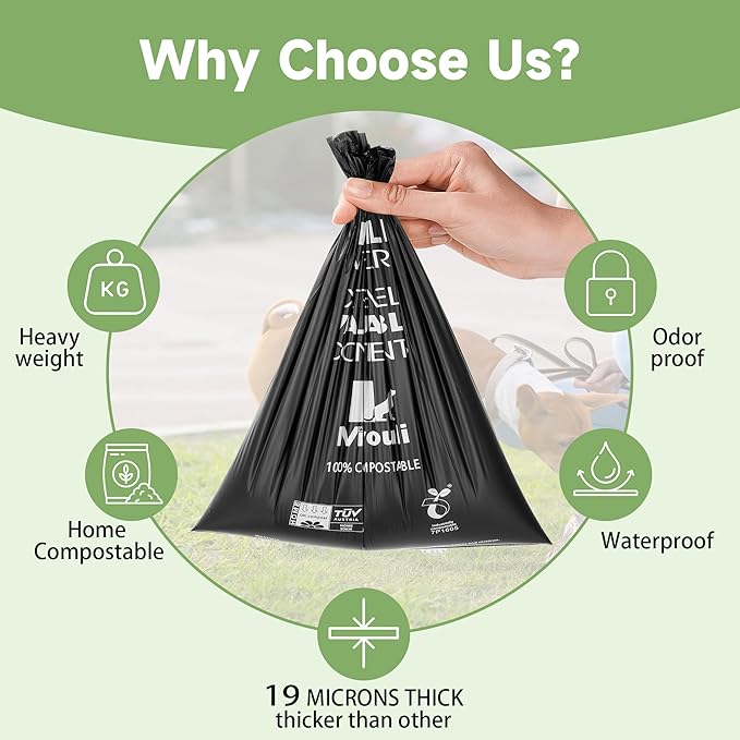 100% Certified Compostable Dog Poop Bag Rolls, 120 Bags (8 Rolls) Eco-Friendly Poop Bags for Dogs, Leak Proof Unscented Easy Open Poop Waste Bag（Black）-PurrikoPets