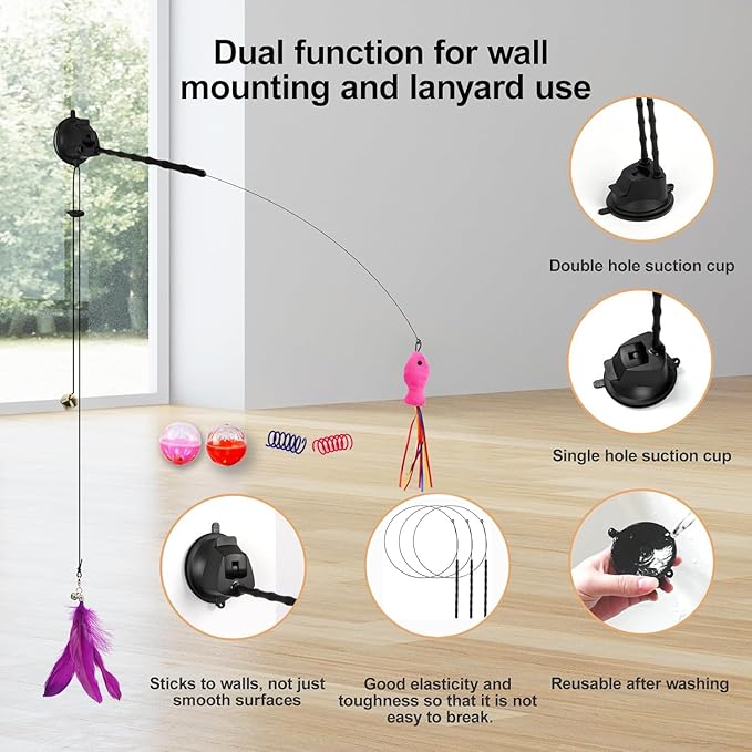 22Pcs 5-in-1 Cat Toys Interactive Cat Toy for Indoor Cats with Sticky Super Suction Cup Detachable Replacements Feathers Balls Mice Spring 3 Wand Hanging Door Kitten Toys-PurrikoPets