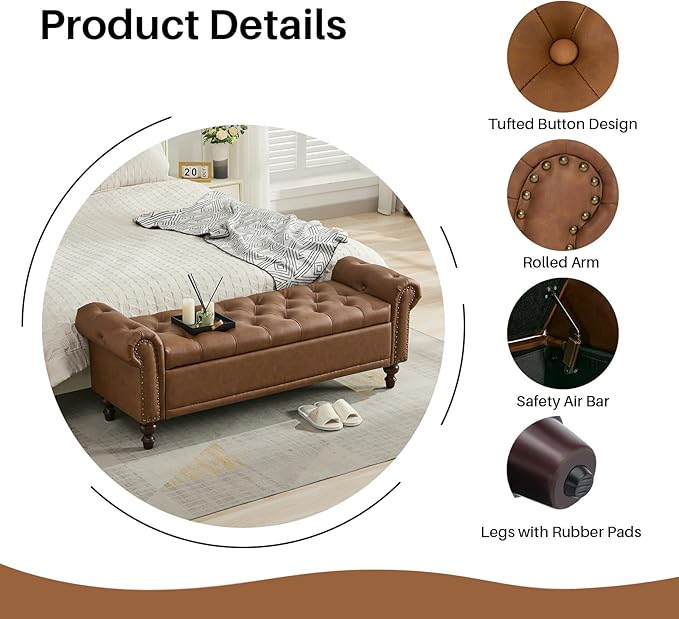58.1'' Storage Bench Upholstered PU Leather End of Bedroom Bed Bench Ottoman with Tufted Cushioned Rolled Arm Large Storage Space for Reading Living Room Entryway, Brown-PurrikoPets