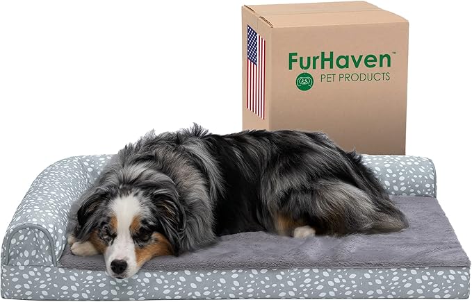 Furhaven Cooling Gel Dog Bed for Large/Medium Dogs w/ Removable Bolsters & Washable Cover, For Dogs Up to 55 lbs - Plush & Almond Print L Shaped Chaise - Gray Almonds, Large-PurrikoPets