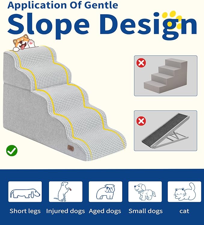 Dog Step for Bed, Dog Stair 5-Step 35D Pet Stair 22.8" H for High Bed or Sofa Non-Slip Balanced Pet Step Indoor, Light Grey-PurrikoPets