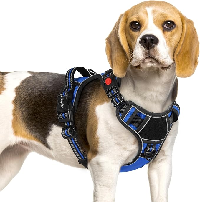 Eagloo Dog Harness Small Sized, Easy Wearing with 3 Buckles, Adjustable No Pull Pet Harness with 2 Rings for Walking, No Chock Reflective Soft Padded Vest with Control Handle, Blue & Black, S-PurrikoPets