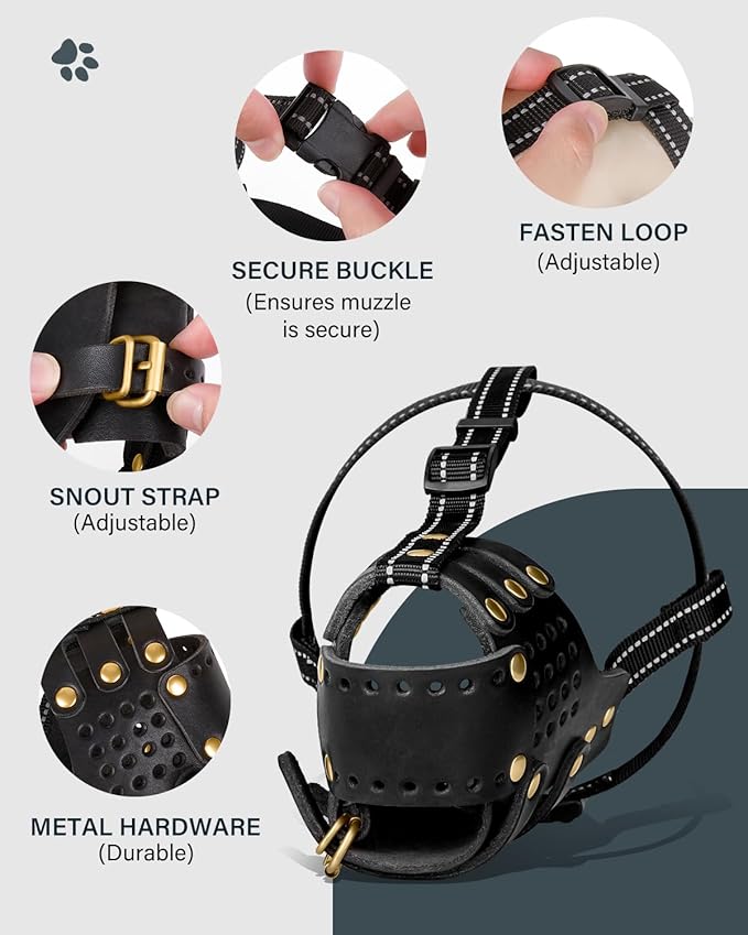 Dog Muzzle, Leather Basket Soft Muzzles Medium Large Breeds, Pitbull Dog Muzzle Amstaff Staffordshire Terrier, German Shepherd Dalmatian Doberman Adjustable (XL)-PurrikoPets